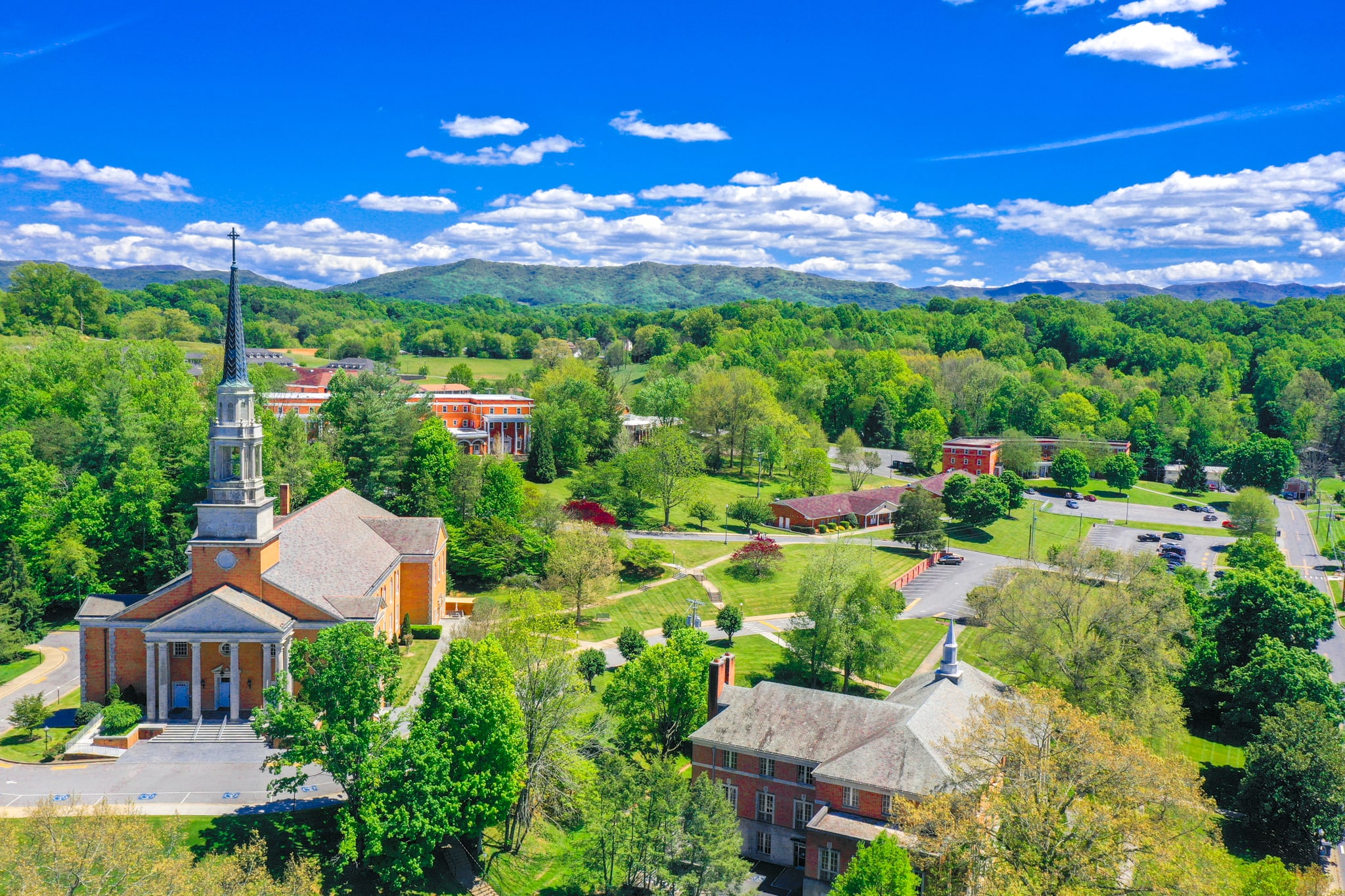An overlook shot of campus focused on Seeger Chapel